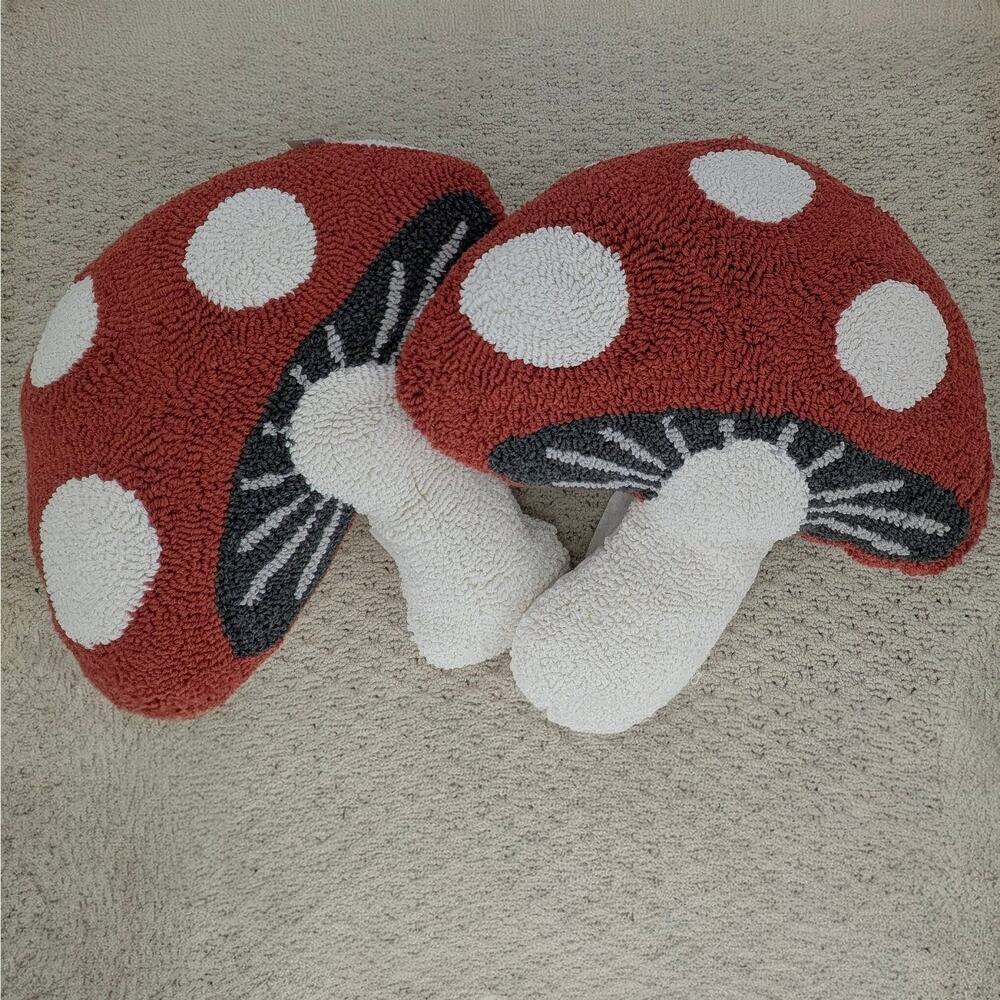 Tufted Mushroom Pillows Cottagecore Shaped Accent Home Decor 17in Set of 2 Fungi